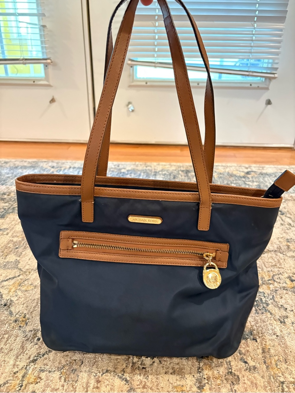 Michael Kors Kempton Nylon Tote Purse Bag Navy w/ Brown Trim Med